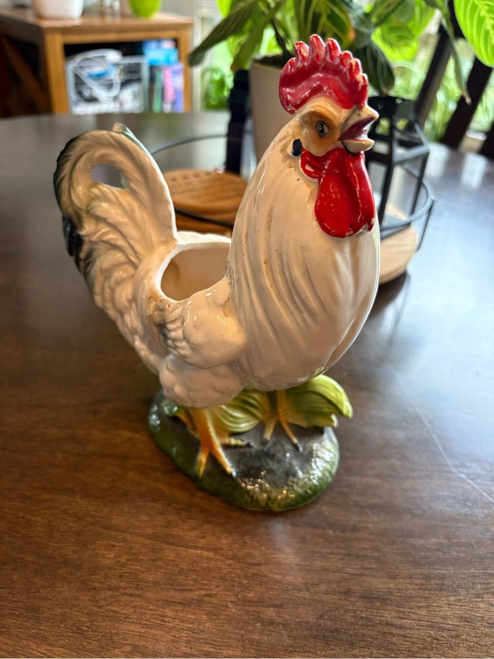 Vintage Mid Century Ceramic Rooster Planter with Bright Red Comb
